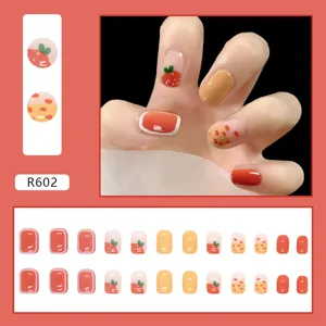24pcs strawberry pattern press-on nails with cute red and yellow glossy finish set