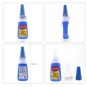 Gedetailleerd overzicht van 401 secondelijm met afmetingen 113x35x23mm en alle onderdelen.