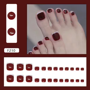 Unghie finte per piedi bordeaux con punte bianche stile French, set da 24 pezzi