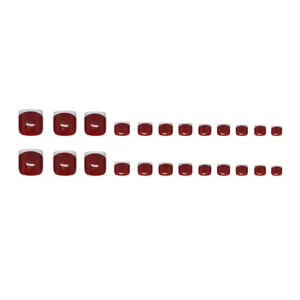 Unghie finte per piedi rosso vino con punte bianche, set da 24 pezzi lucidi stile French