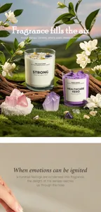 Scented candle in glass jar with natural crystals and dried flowers for home decor and gifting.