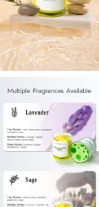 Detailed view of scented crystal candle in glass cup with multiple relaxing fragrances available.