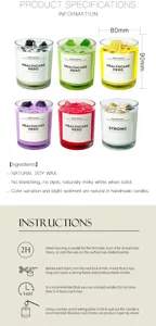 Detailed view of scented glass jar candle specs, natural soy wax, and usage instructions.