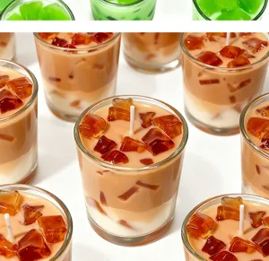 Detailed shot of coffee and matcha scented jelly wax candles in glass cups for home decor.