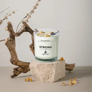Scented glass jar candle with crystal stones and dried flowers, elegant home decor gift main view.