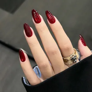 Vintage Wijnrood Kattenoog Plaknagels Amandelvorm Glanzende Herbruikbare Kunstnagels Voor Dames Elegante Robijn Fake Nails