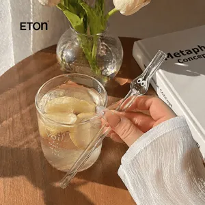 Reusable Heat Resistant Borosilicate Glass Drinking Straw With Cute Cartoon Eyes Pink Straight Bent Straws For Juice Milk Tea