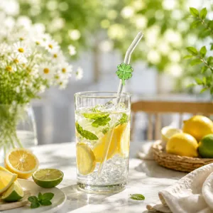 Transparent Glas Trinkhalm Wiederverwendbar Hitzebeständig Gebogen Halm Mit Klee Libelle Dekor Und Reinigungsbürste Für Saft Milch