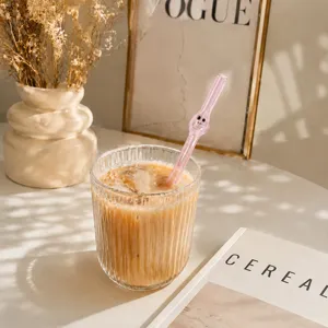 Cute big eye pink glass straw with clear glass cup, aesthetic drink stirrer for juice and tea.