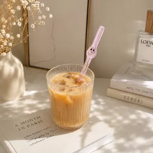 Pink glass straw with cute face design, heat resistant straight curved drinking straw for juice.