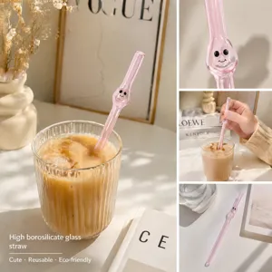 Cute pink glass straw with big eyes design, high borosilicate heat-resistant juice stirring rod.