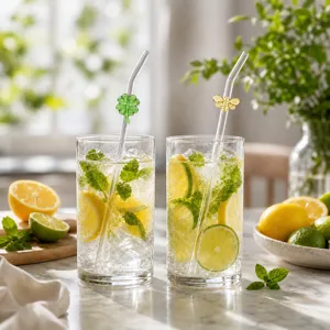 Transparente Glas-Trinkhalme mit niedlichen Klee- und Bienen-Anhaengern für Säfte und Milch.