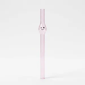 Pink glass straw with cute smiley face design, heat-resistant cute beverage drinking tool.