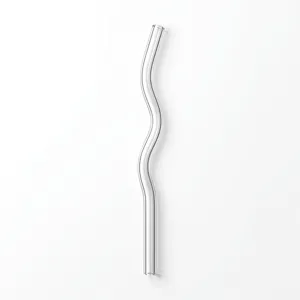 Transparent wavy glass straw close-up, unique curve design for cold and hot drinks.