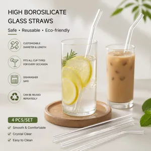 High borosilicate glass straws set, 4 pcs reusable clear drinking straws for smoothies.