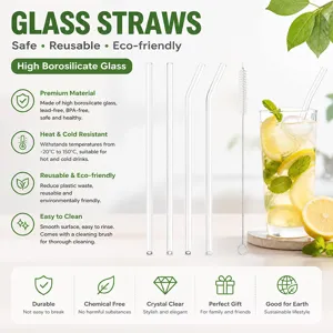 Glass straws set with straight and bent reusable borosilicate glass drinking straws and cleaning brush.
