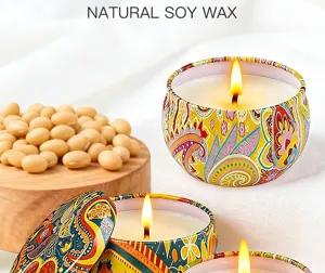 Handmade scented soy wax candle in decorative tin with Paisley pattern for home decor gift.