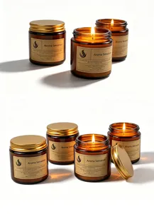 Scented candle jar detail shot, amber glass with gold lid, cozy home aroma decoration.