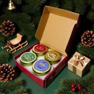 Christmas scented candles set in tin cans gift box with natural soy wax for holiday decor.