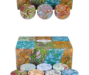 Scented candle tin gift set with colorful paisley patterns for wedding birthday party decor.