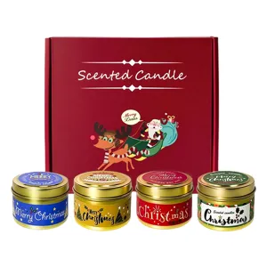 Christmas scented candle gift set, luxury red box with four colorful tin soy wax candles.