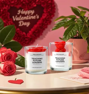 Scented candle detail showcasing soy wax, cute rose and bear designs in glass jar for gifts.