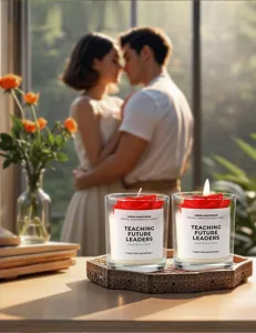 Scented candle in glass jar with red rose wax design, perfect gift for teachers and home decor.
