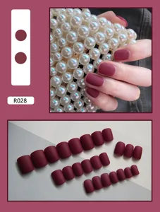 Professional 24pcs matte dark red press-on nails set showing wearing effect and full pieces.