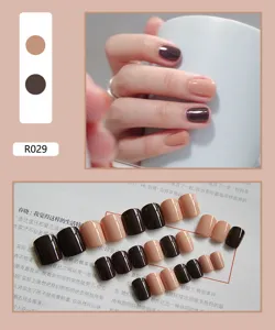Detail view showing 24 pieces of nude and dark brown glossy wearable press-on fake nails