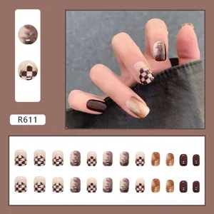 Detailed layout of 24pcs coffee brown checkerboard and marble press-on nails