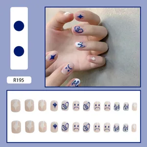 Modern blue flame and heart pattern press-on nails set with 24 pieces for women