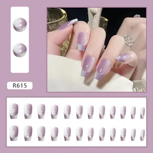 24pcs light purple gradient cat-eye press-on nails with square shape and glossy finish