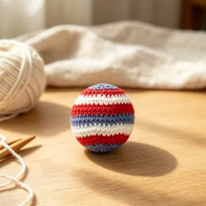 Close-up of a handmade red, white, and blue striped crochet stress relief ball