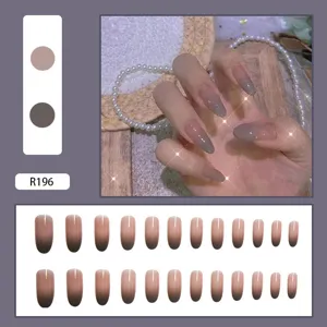 Complete set of 24pcs long almond press-on nails with purple-grey gradient glossy finish