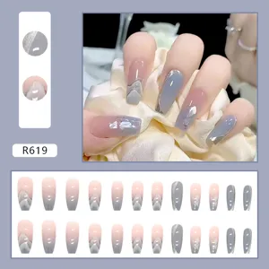 Gray and pink ombre press-on nails with silver shell texture, 24 pieces set.