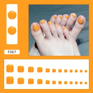 Set of bright orange press-on toenails with full application and sizing display