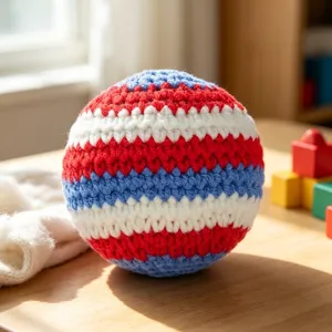 Detailed close-up of a handmade crochet stress relief ball with red, white, and blue stripes.