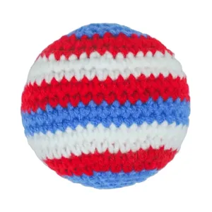 Macro detail of a handmade red white and blue striped crochet beanbag for stress relief
