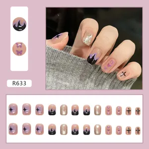 Purple flame and butterfly press-on nails set with 24 pieces for trendy manicure