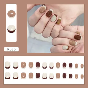 Macro view of 24pcs brown and beige French tip press-on nails set with model display