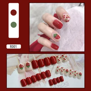 24pcs set of cute press-on nails with red strawberry and cherry patterns on cream base