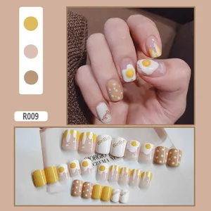 Cute 24pcs poached egg and polka dot pattern press-on nails for daily wear fashion.