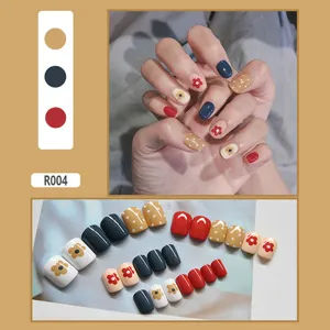 24pcs cute press-on nails set with red flower and polka dot patterns