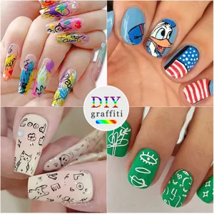 Detailed view of various creative nail art designs made with 0.5mm graffiti pens on fake nails