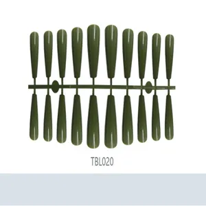 Professional long ballerina style olive green false nail tips on a strip rack TBL020