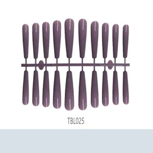 Detail view of purple extra long coffin press-on false nails on a display strip.