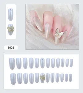 Ensemble de faux ongles amande nacrés avec breloque papillon et présentoir de 24 pièces