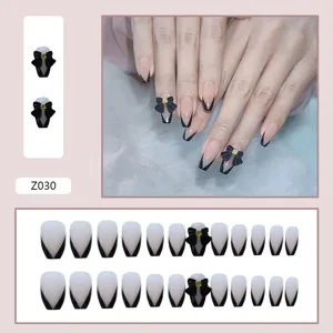 Détails de 24 faux ongles French noirs avec nœuds papillon 3D