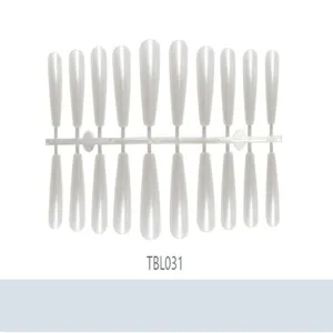 Detailed macro view of clear long coffin-shaped ballerina nail tips on a runner