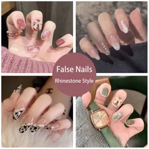 Faux Ongles à Presser Élégants Rouge Vin Nude Avec Décoration Papillon Strass Perle Artificielle 24 Pièces Boîte Manucure Femme Bijoux